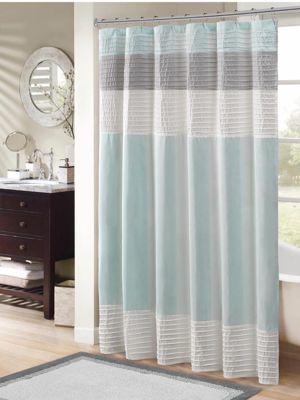 Amherst Shower Curtain Faux Silk Pieced Striped Microfiber, 72x72”, Aqua